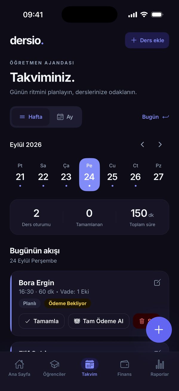 Dersio uygulamasının haftalık takvim ekranı