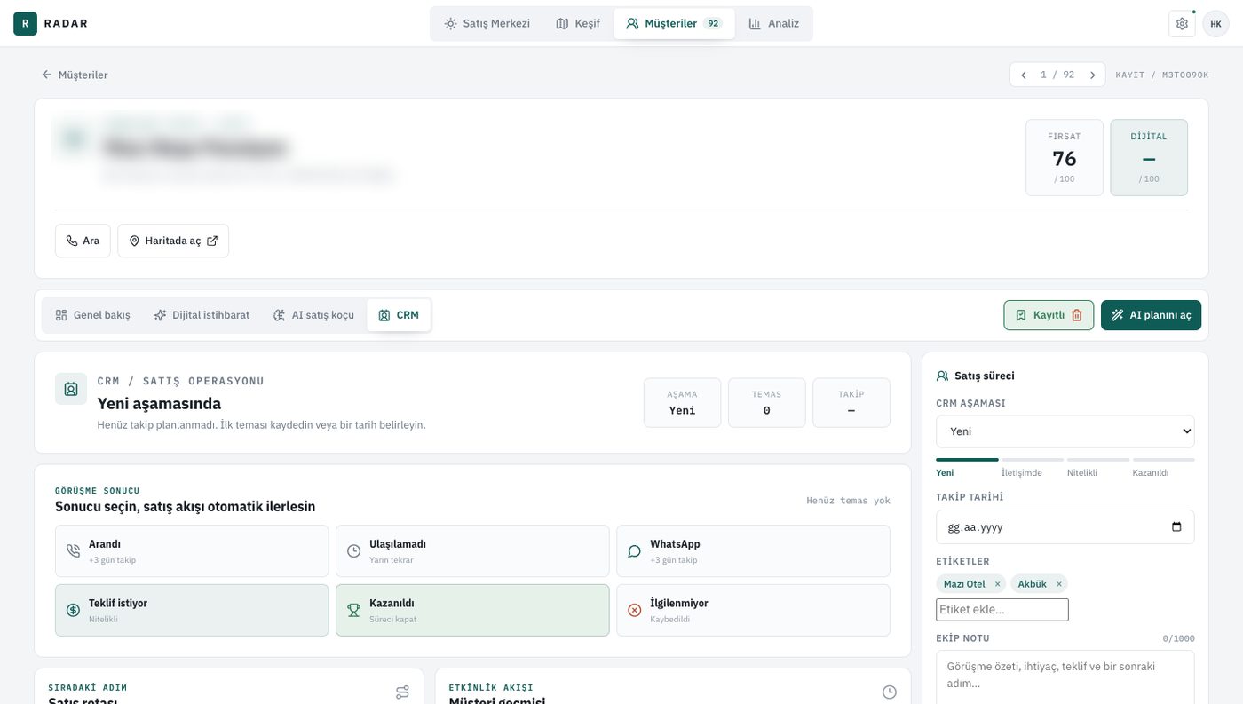Radar müşteri profili ve CRM ekranı
