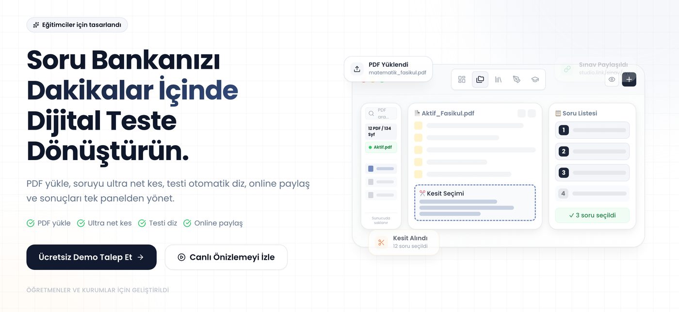 Soru Bankası Stüdyo tanıtım ekranı ve PDF kesit arayüzü